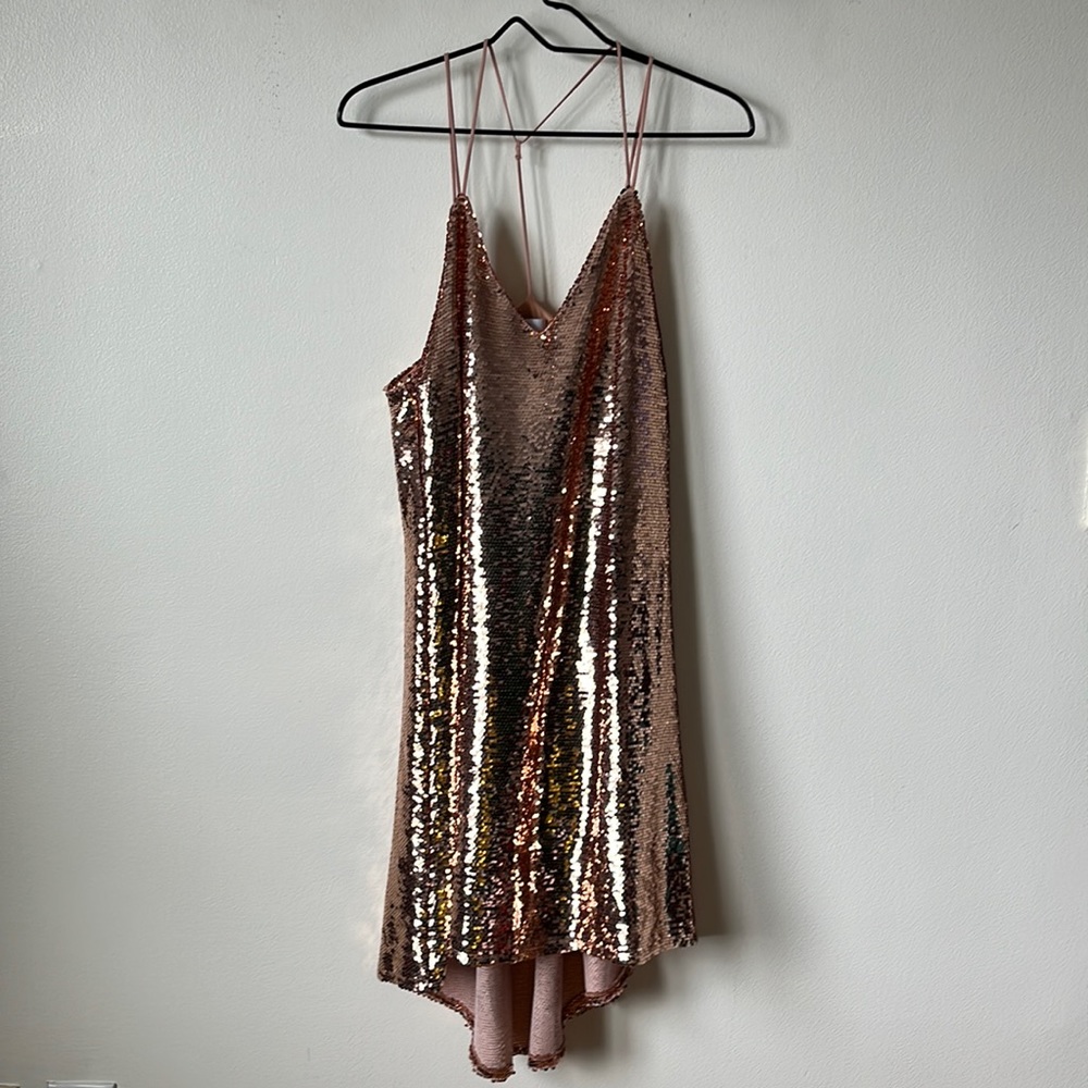 NSR Strappy Sequin Shift High Low Party Dress. Rose Gold Sequins.